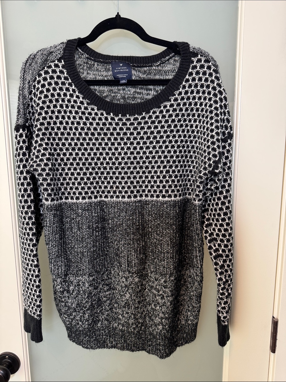 American Eagle Outfitters Black and White Mixed Knit Crewneck Sweater